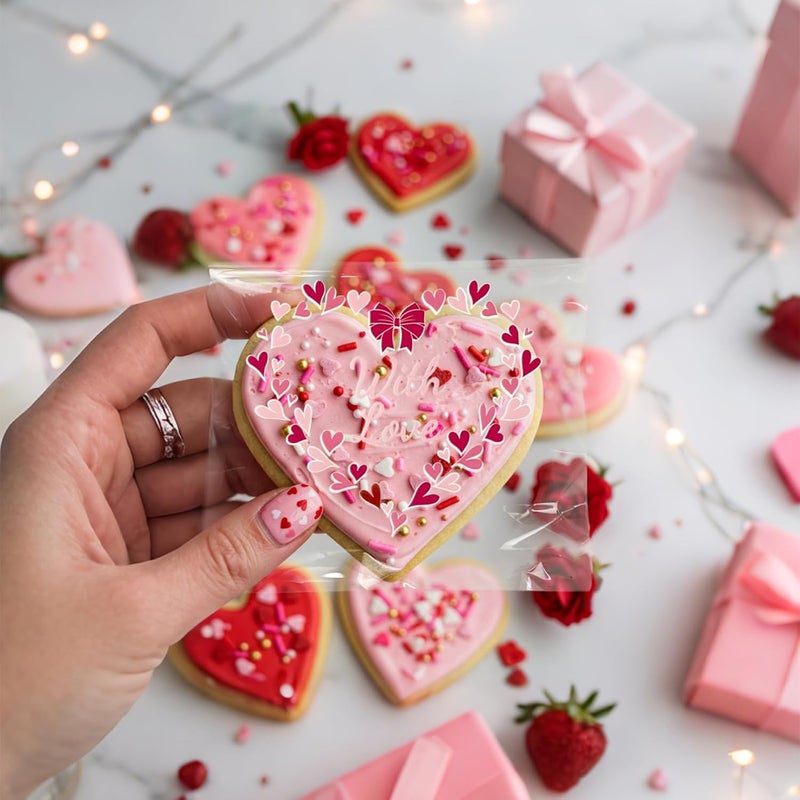 EKAPACKAGING 200Pcs 5x7 Inches Self Seal Cellophane Bags, Clear Cookie Bags, Heart Pattern Pink Treats Bag, Valentine's Day Party Favors for Bakery, Kids Classroom - Image 4